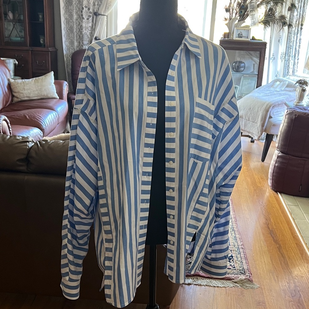 Classic Blue & White Striped women’s Button-Up Shirt cotton plus size